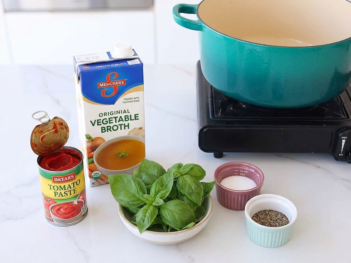 Tomato paste, a carton of broth, and fresh basil on a kitchen counter beside measured salt and pepper, ingredient setup for tomato soup