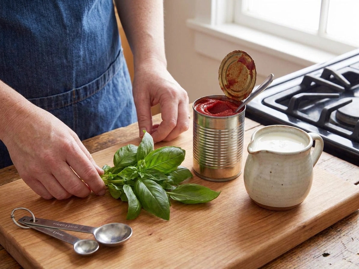Tomato paste, a small pitcher of heavy cream, and fresh basil on a kitchen counter beside measuring spoons