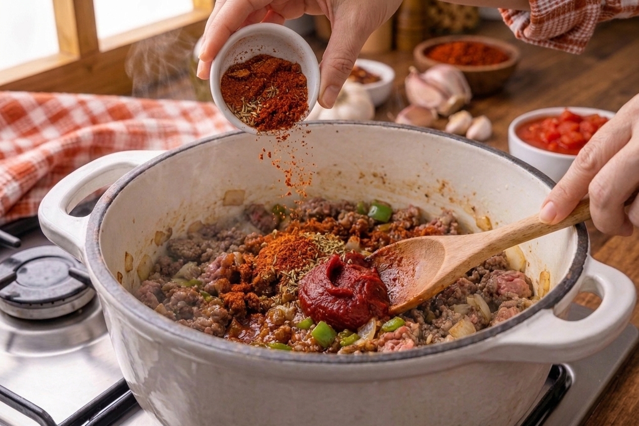 Tomato paste and chili spices being stirred into browned ground beef in a pot, forming a dark red, fragrant base