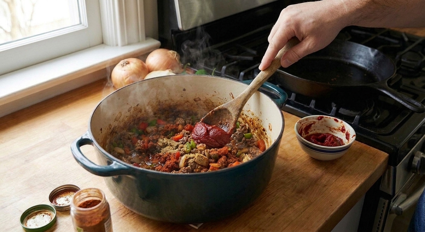 Tomato paste and chili spices being stirred into browned beef in a Dutch oven, creating a dark red paste on the bottom