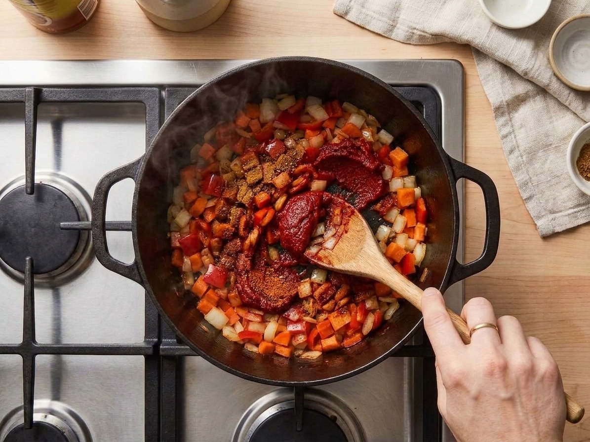 Tomato paste and chili spices being stirred into sautéed vegetables in a pot, turning the mixture deep red