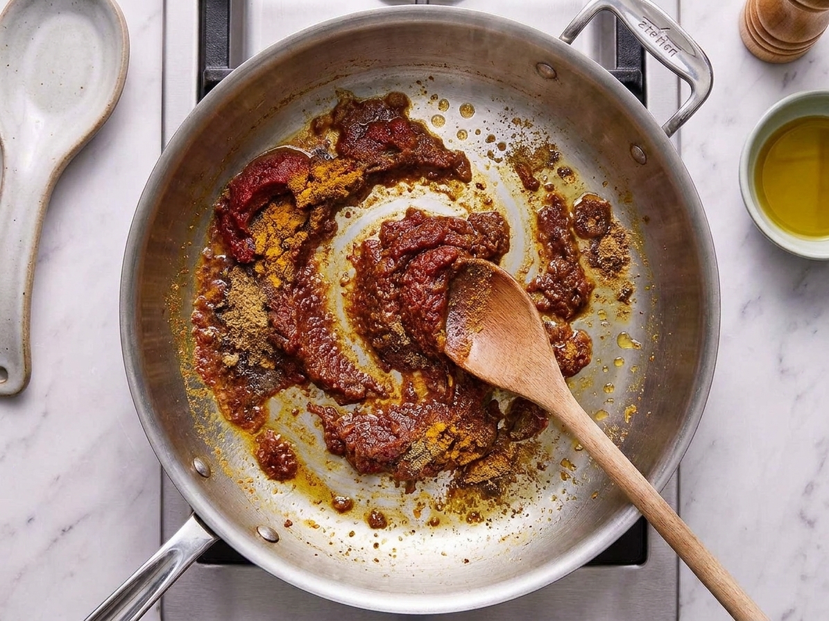 Tomato paste and curry spices being stirred in a skillet, forming a dark, fragrant paste against the pan