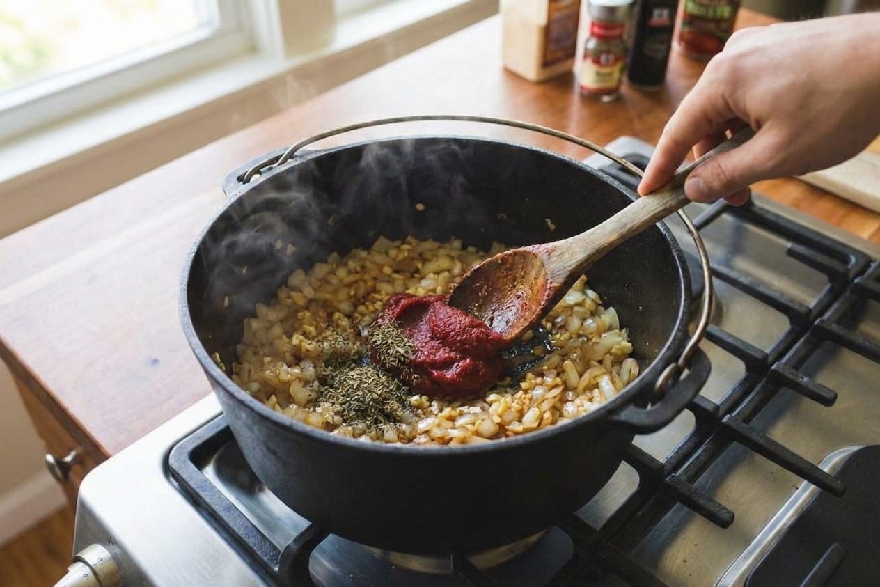 Tomato paste and dried herbs being stirred in a pot with sautéed onions and garlic on a stovetop