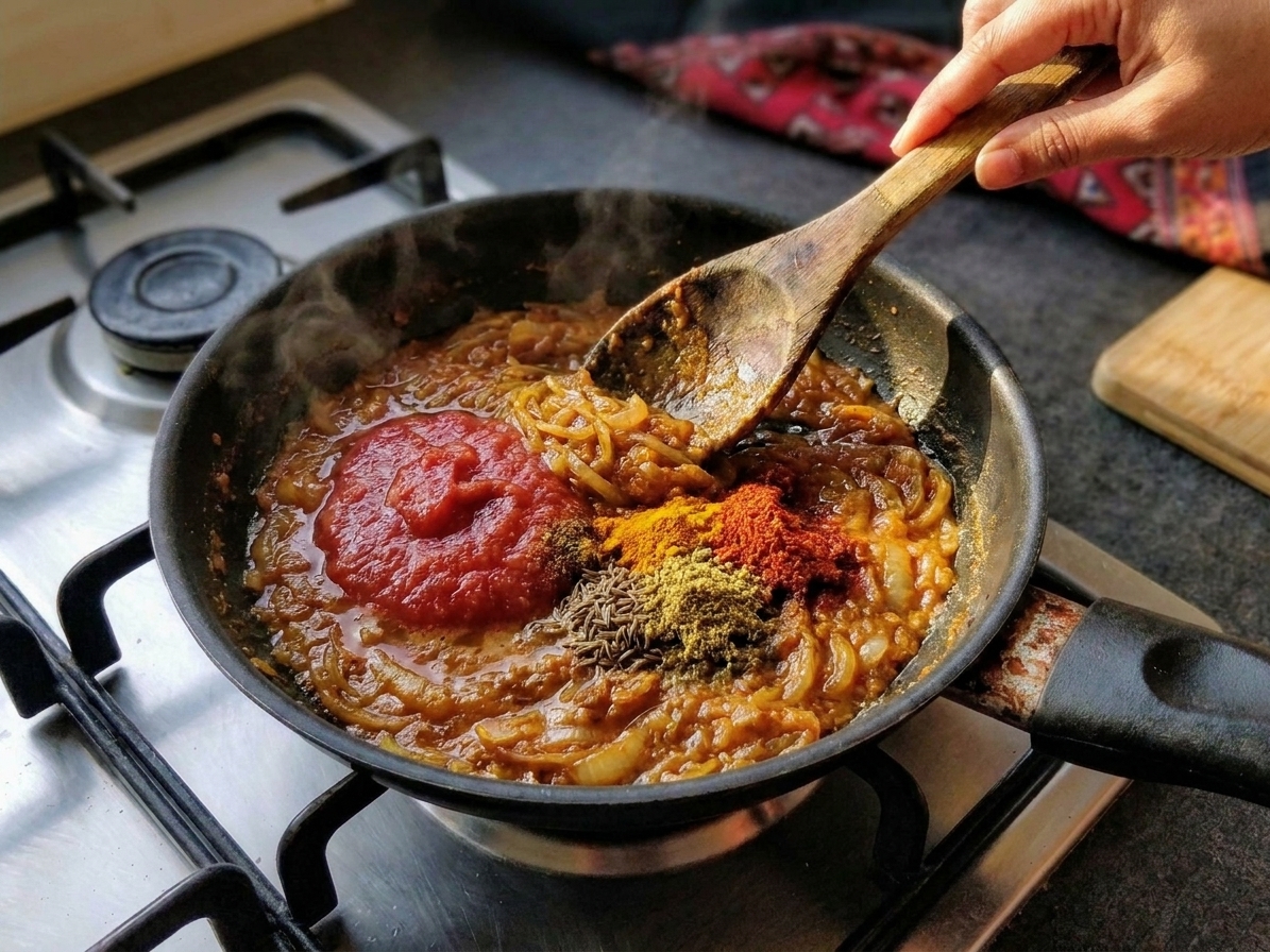 Tomato paste and ground spices being stirred into sautéed onions in a skillet, forming a thick reddish masala