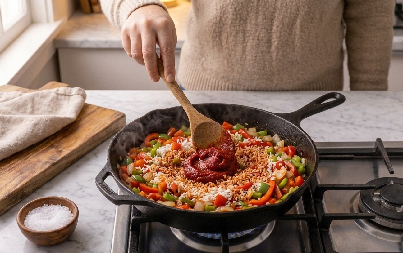 Tomato paste and rice being stirred together in a skillet with sautéed peppers and onions