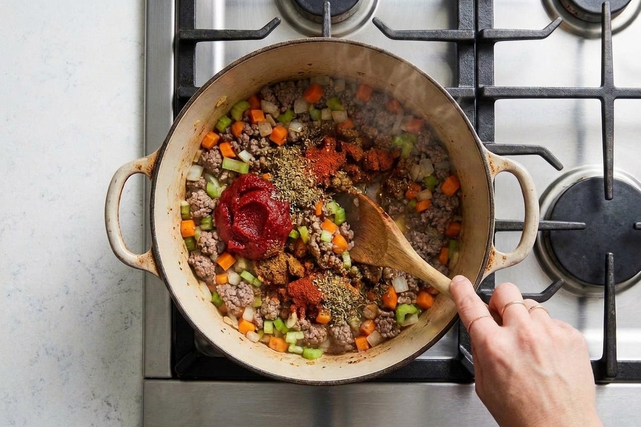 Tomato paste and spices being stirred into browned meat and vegetables in a pot
