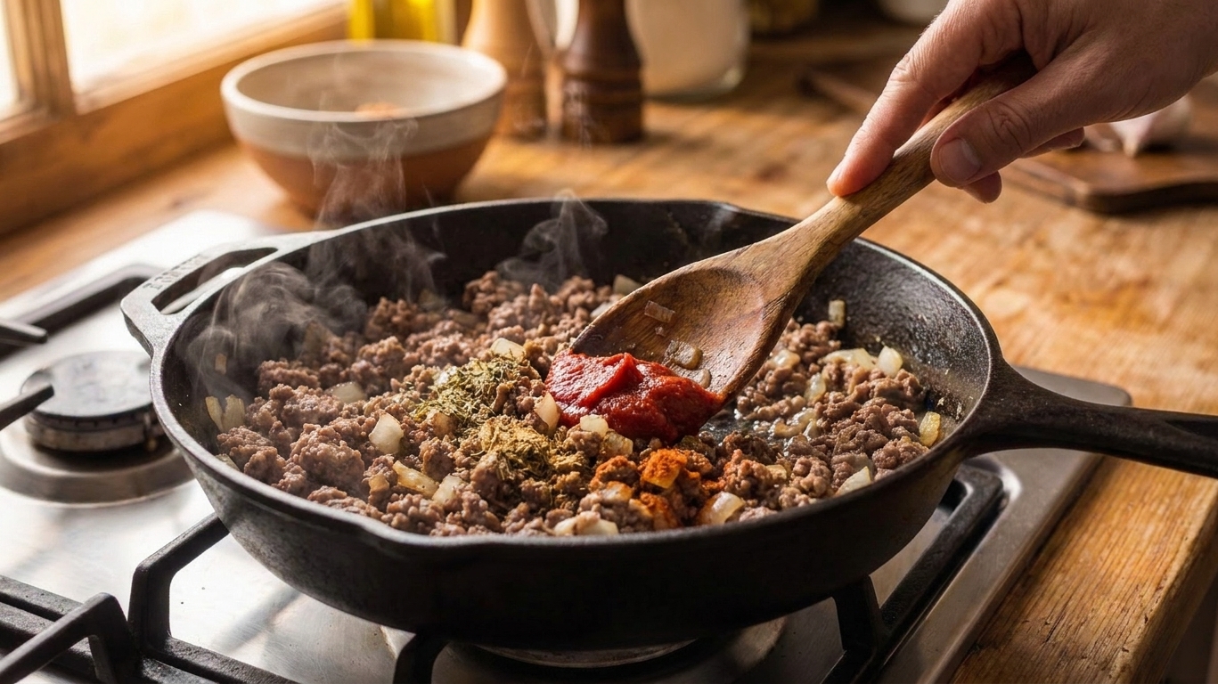 Tomato paste and spices being stirred into browned ground beef in a skillet on a stovetop