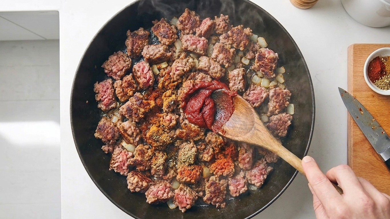 Tomato paste and spices being stirred into browned beef and onions in a skillet, creating a dark red, fragrant coating