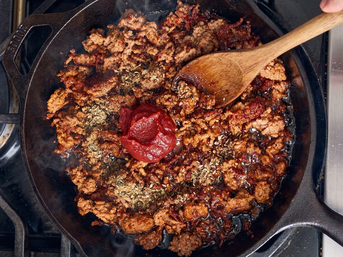 Tomato paste and spices being stirred into browned ground beef in a skillet, creating a deep red coating