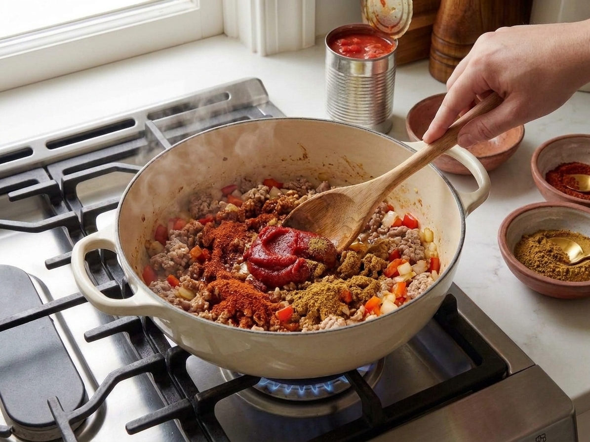 Tomato paste and spices being stirred into browned ground turkey in a pot on the stove