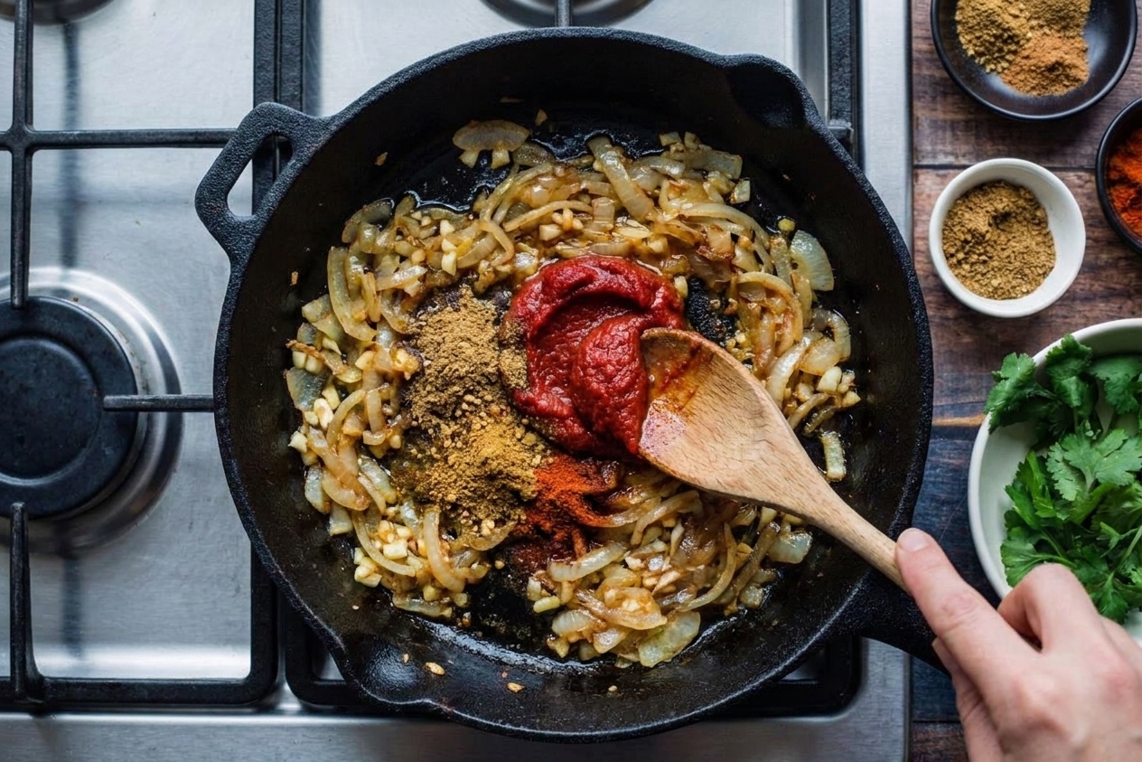 Tomato paste and spices being stirred into sautéed onions and garlic in a skillet on a home stove
