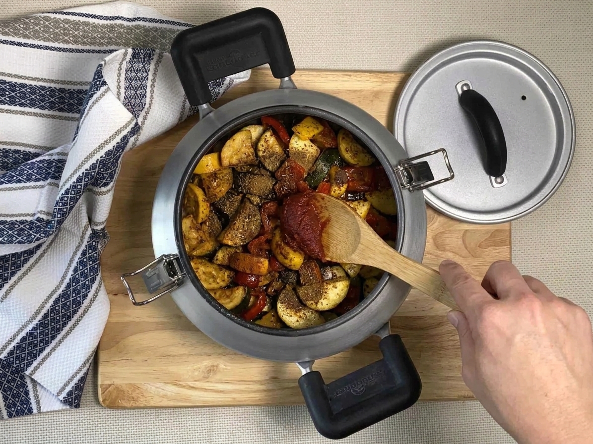Tomato paste and spices being stirred into sautéed vegetables in a pot, showing a darker, toasted mixture