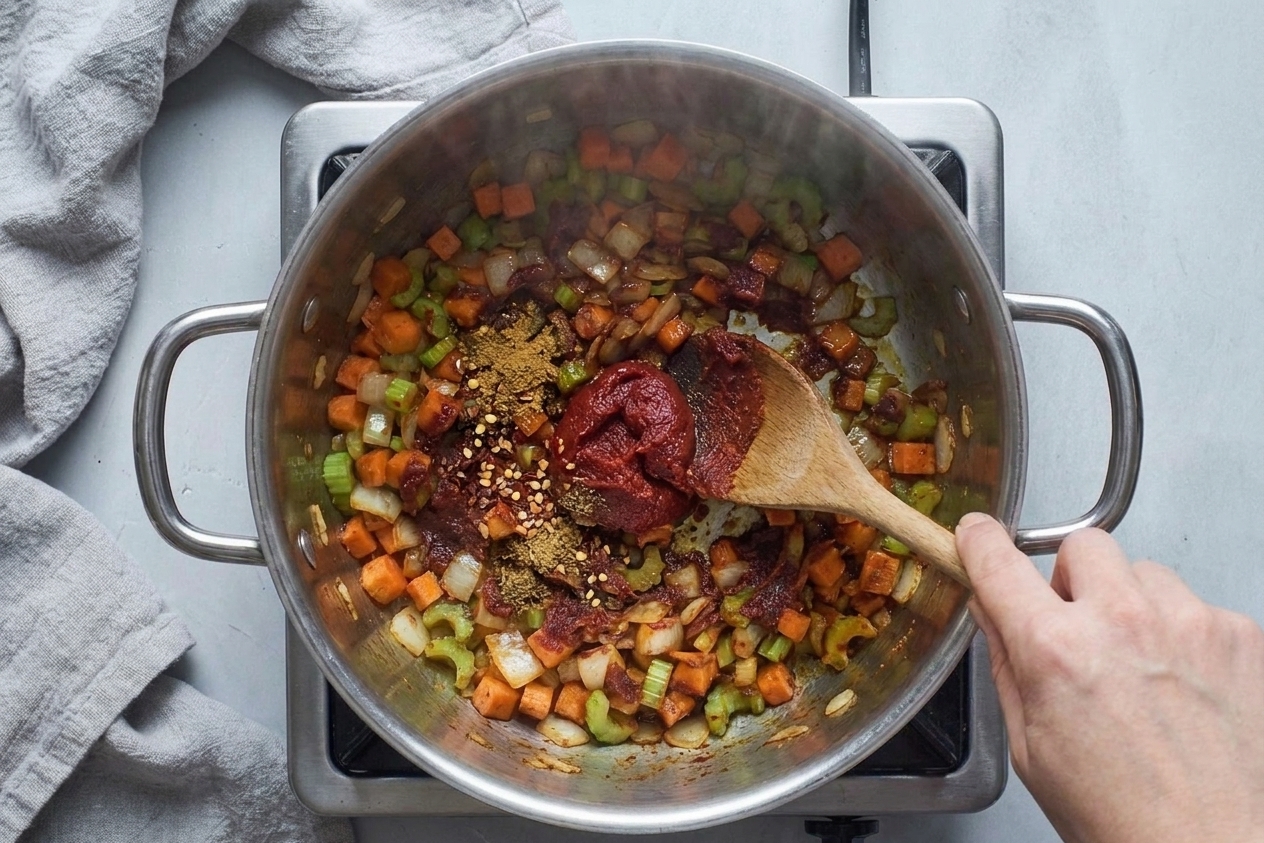Tomato paste and spices being stirred into sautéed vegetables in a pot, forming a dark, fragrant paste