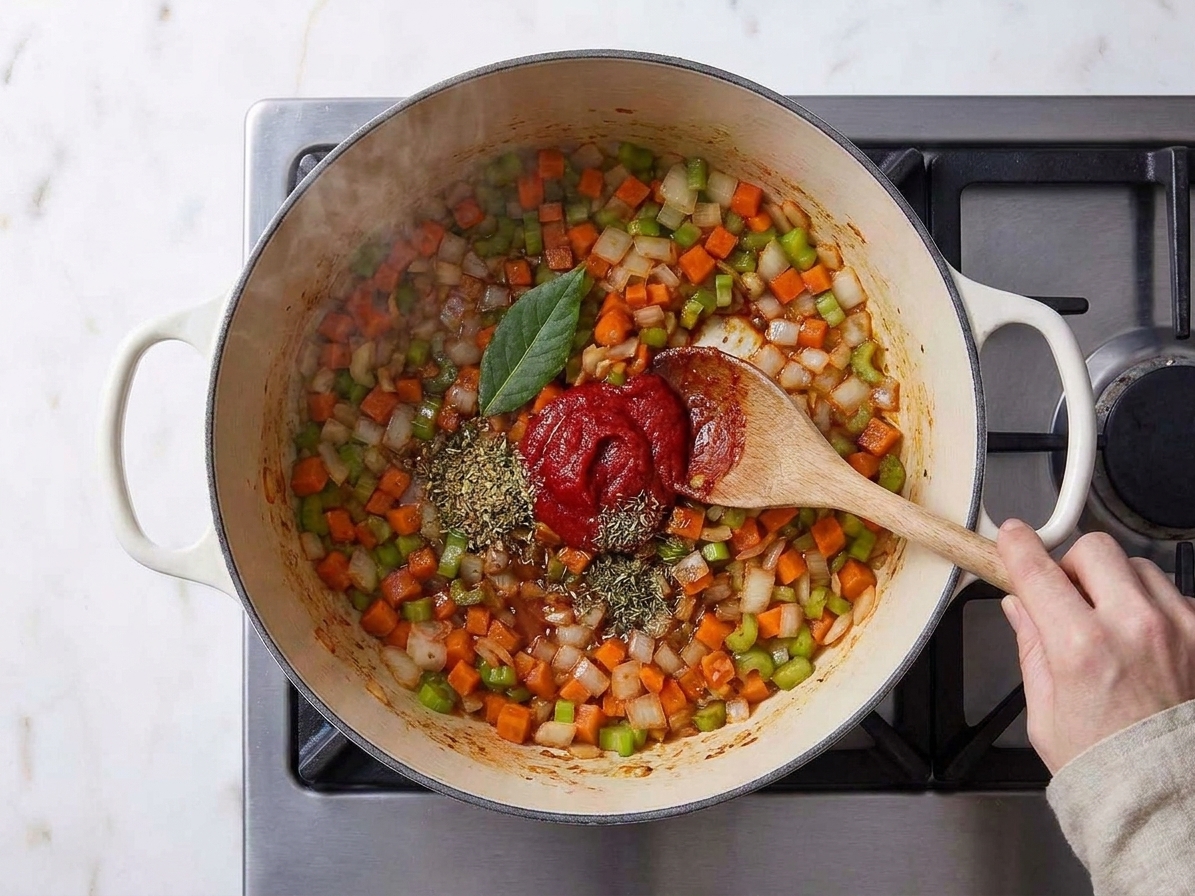 Tomato paste and spices being stirred into sautéed vegetables in a Dutch oven on the stove