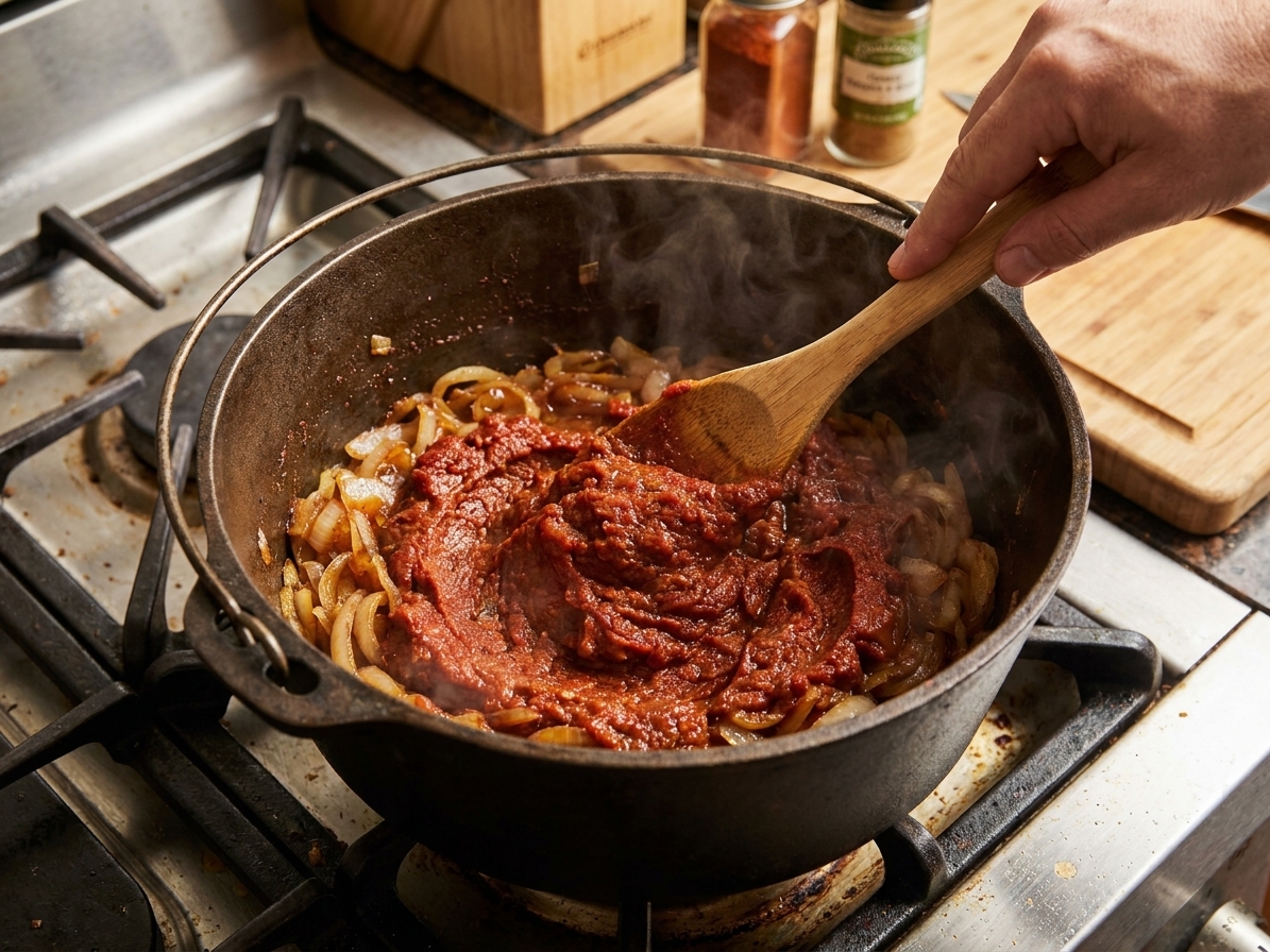 Tomato paste and spices being stirred into softened onions in a Dutch oven, forming a thick brick-red mixture