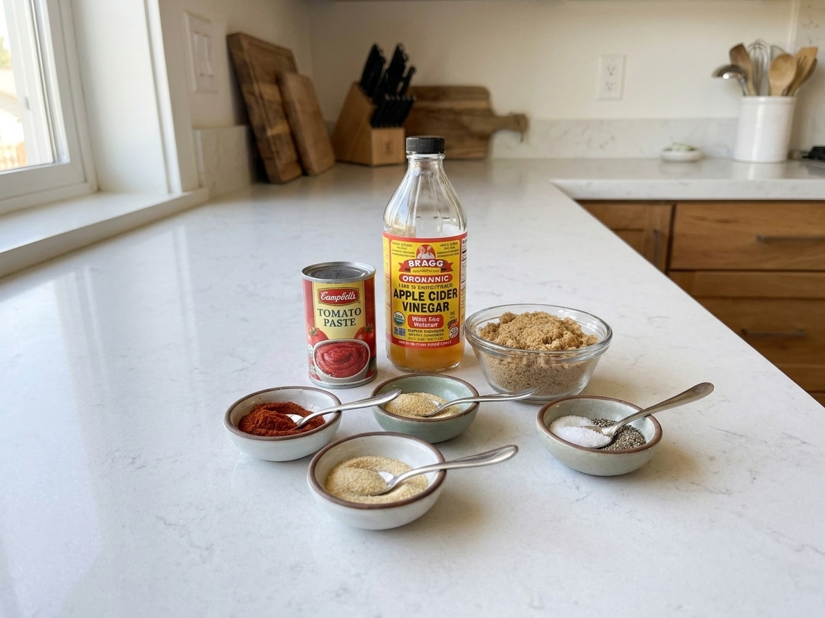 Tomato paste, apple cider vinegar, brown sugar, and small bowls of spices arranged on a kitchen counter ready for cooking