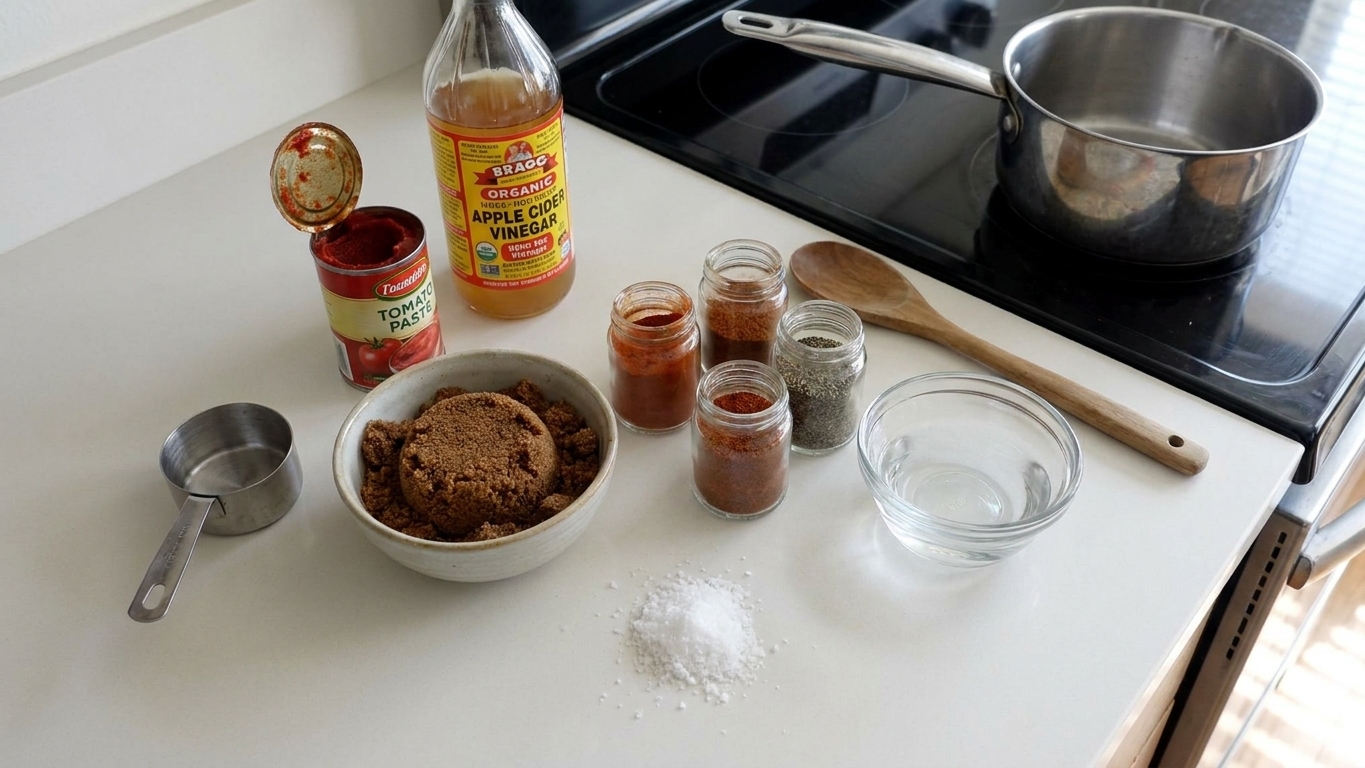 Tomato paste, apple cider vinegar, brown sugar, salt, spices, and a small bowl of water arranged on a clean kitchen counter