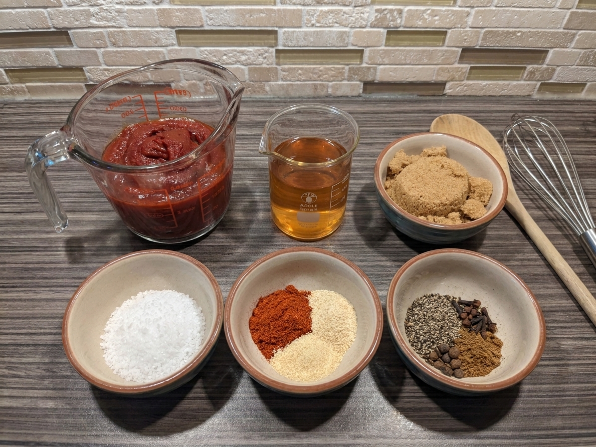 Tomato paste, apple cider vinegar, brown sugar, spices, and salt measured out on a kitchen counter ready to make ketchup