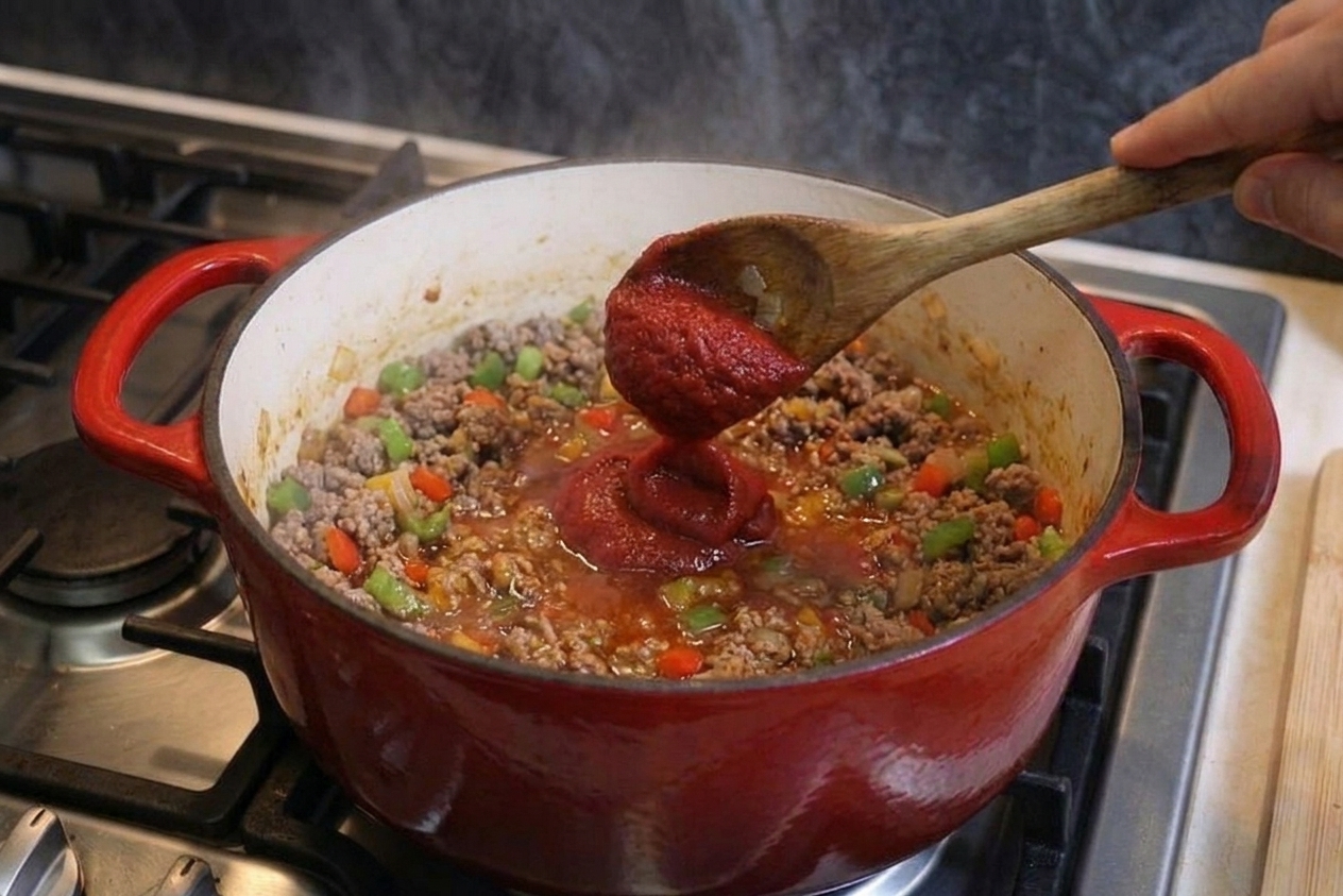 Tomato paste being cooked into browned meat and vegetables in a pot, showing a thick red base forming
