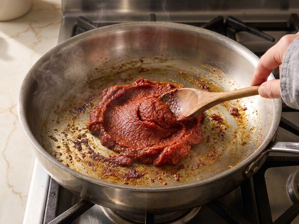 Tomato paste being stirred and toasted in a large skillet until it turns a deeper brick red and lightly films the pan