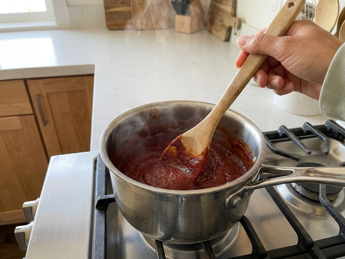 Tomato paste being stirred in a small saucepan on the stove as it cooks and darkens
