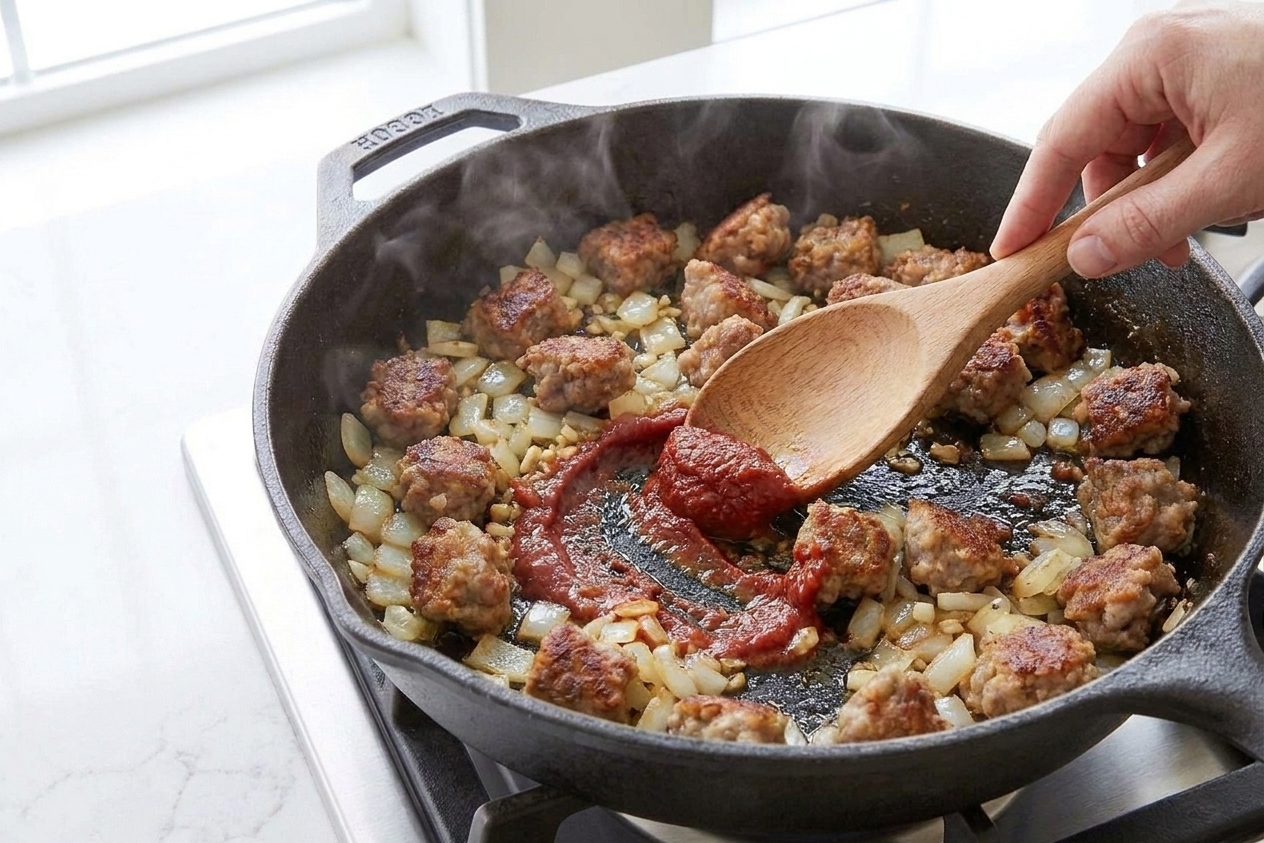 Tomato paste being stirred into browned sausage and onions in a skillet, turning a darker brick red