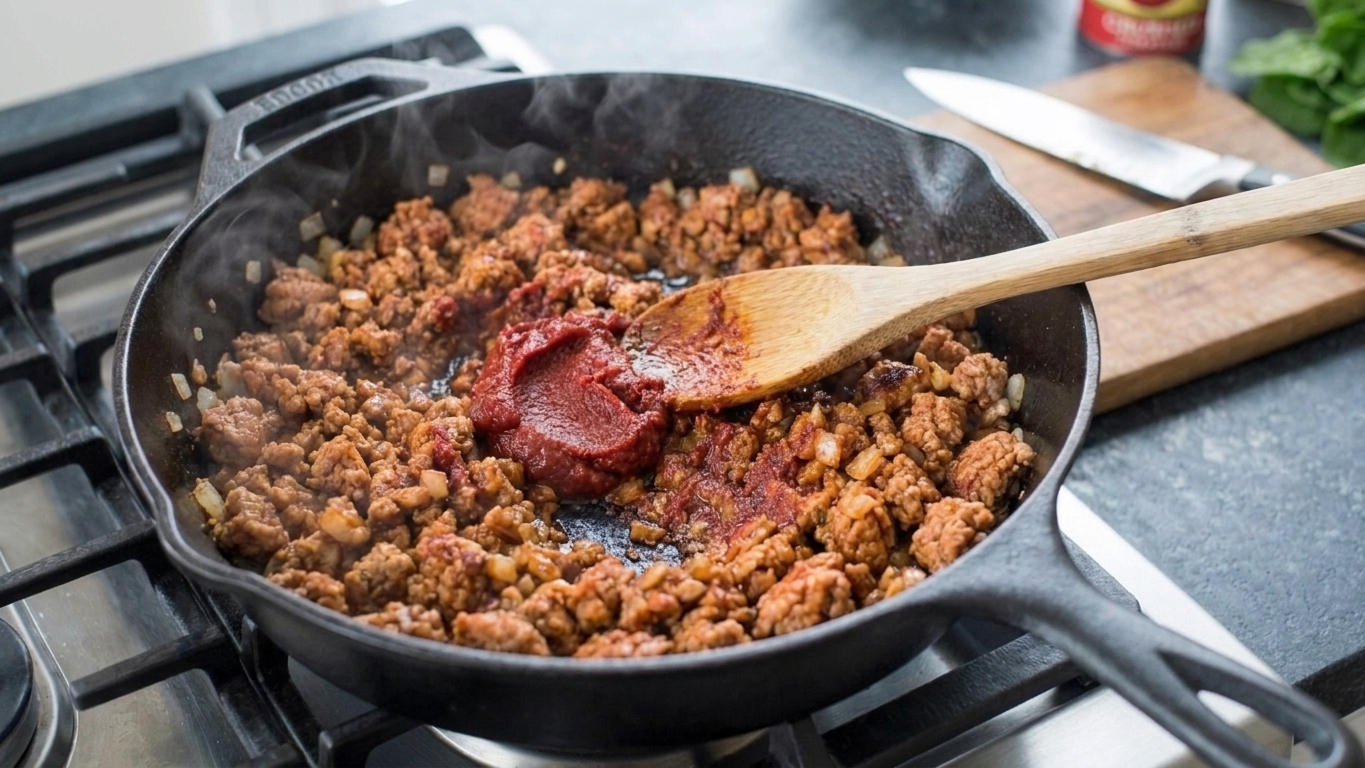 Tomato paste being stirred into browned turkey and onions in a skillet, turning a deeper brick red