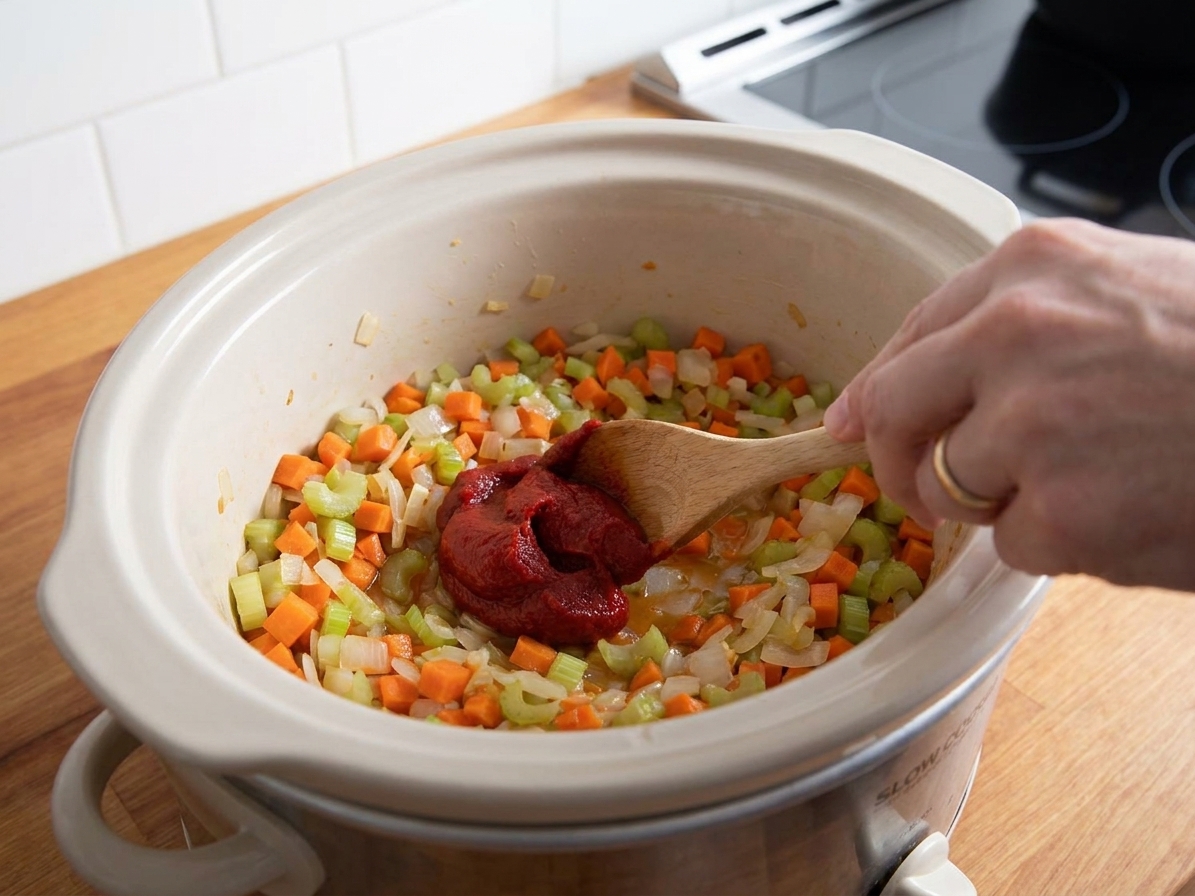 Tomato paste being stirred into chopped onion, carrots, and celery inside a slow cooker insert