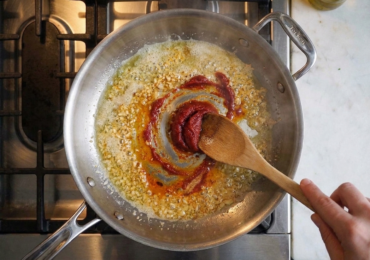 Tomato paste being stirred into melted butter and garlic in a skillet
