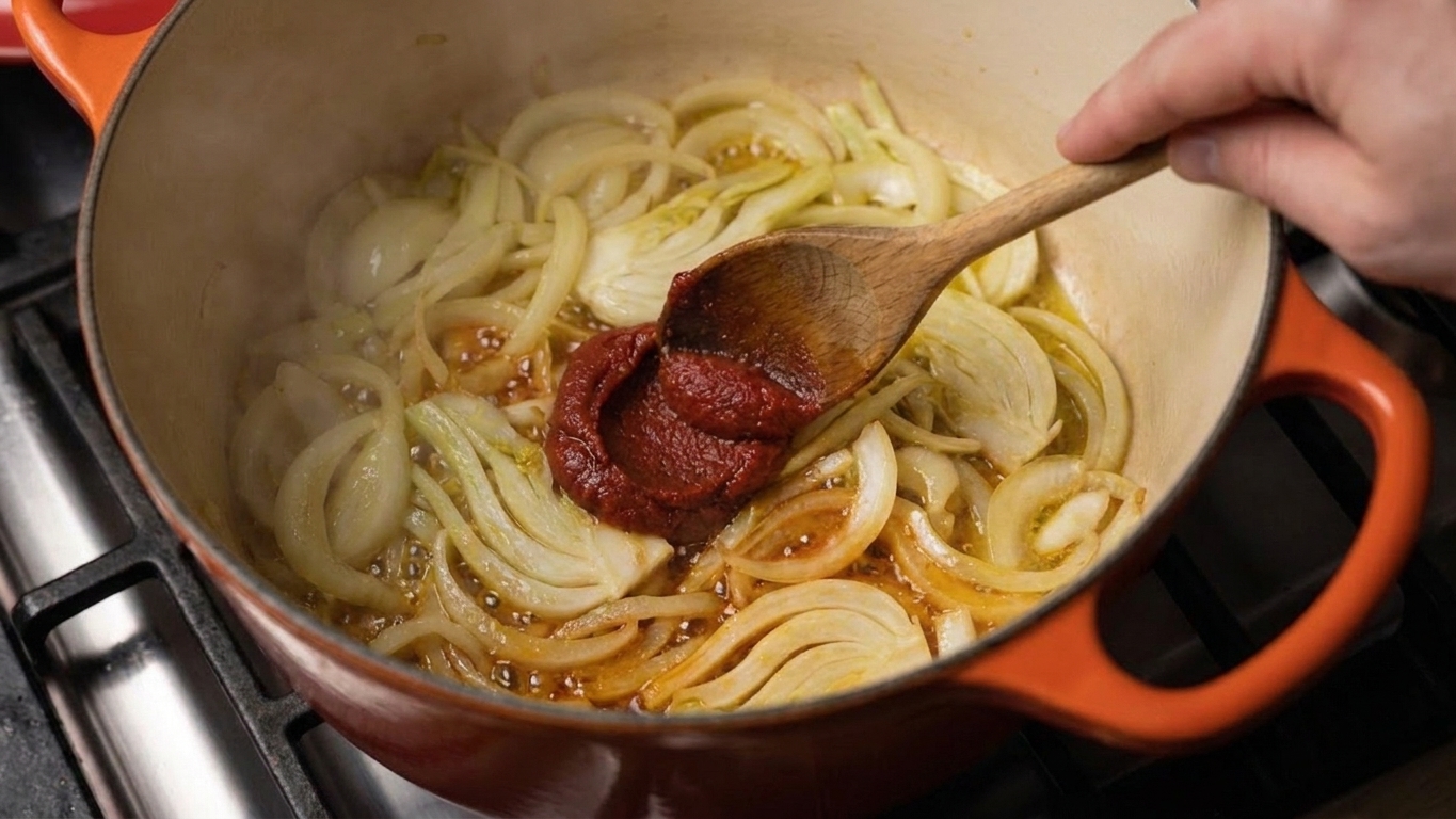 Tomato paste being stirred into sautéed aromatics in a pot, turning darker as it cooks