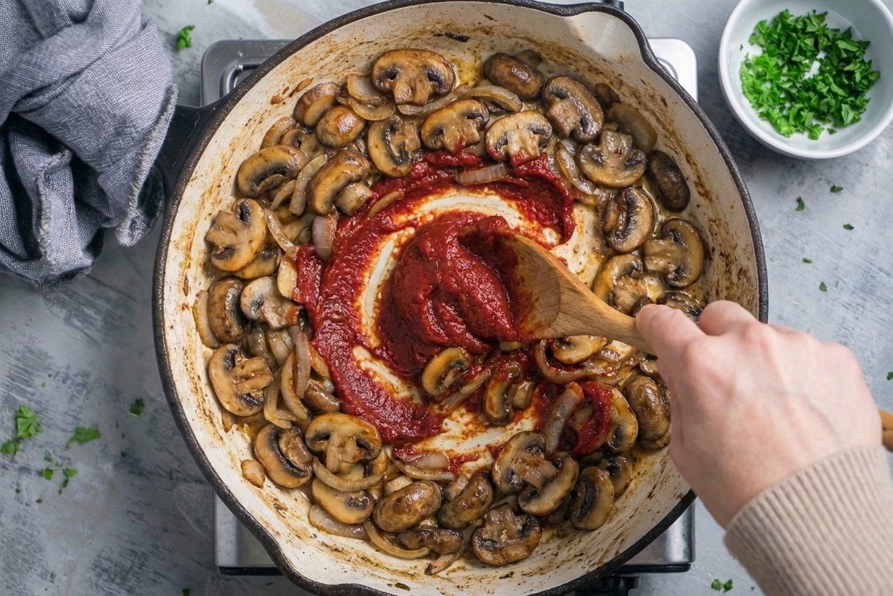 Tomato paste being stirred into sautéed mushrooms and onions in a skillet