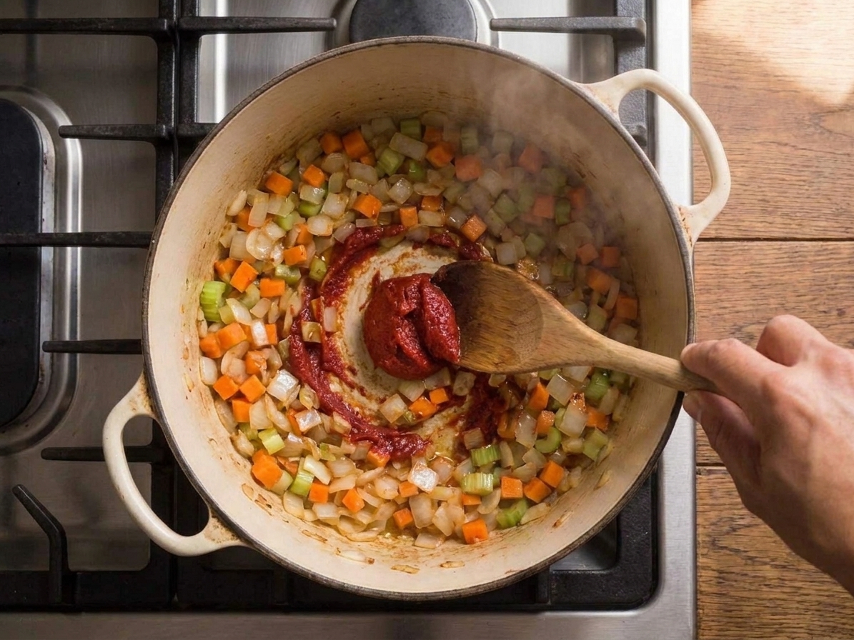 Tomato paste being stirred into sautéed onion, carrot, and celery in a pot with a wooden spoon