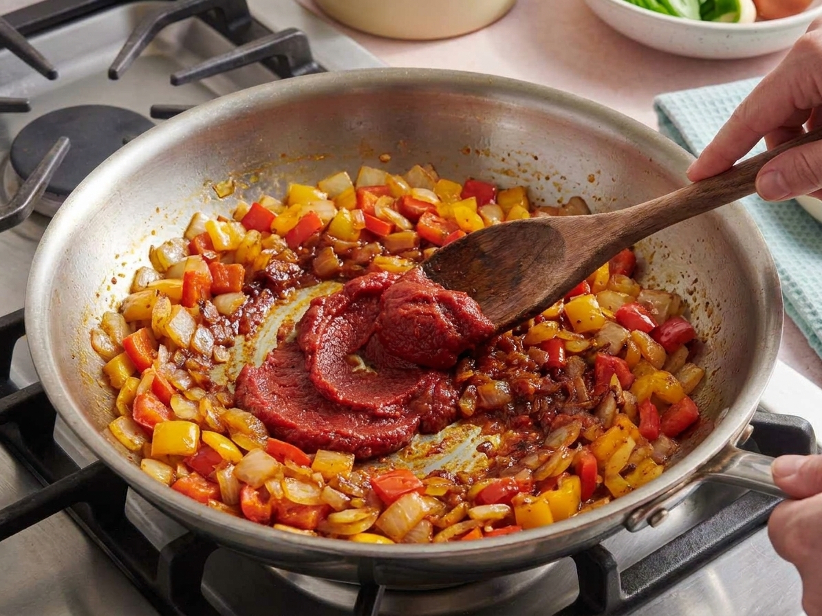 Tomato paste being stirred into sautéed onions and bell peppers in a skillet, creating a deep red base