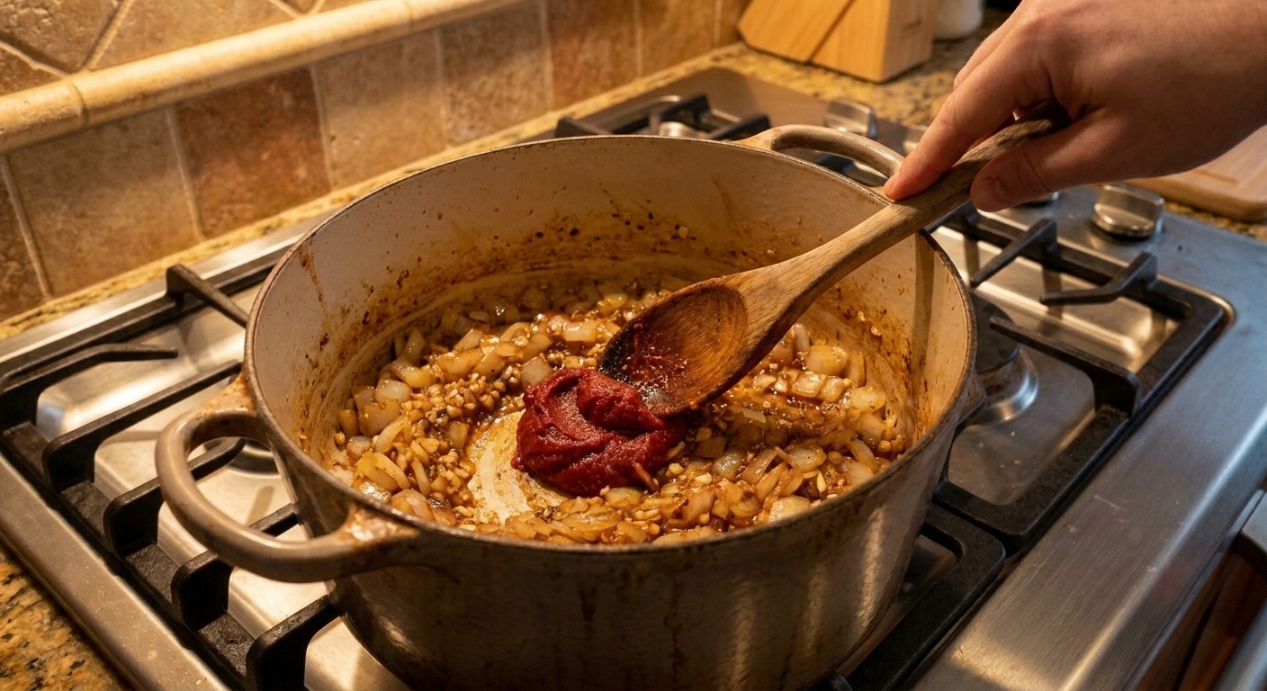 Tomato paste being stirred into sautéed onions and garlic in a saucepan on the stovetop