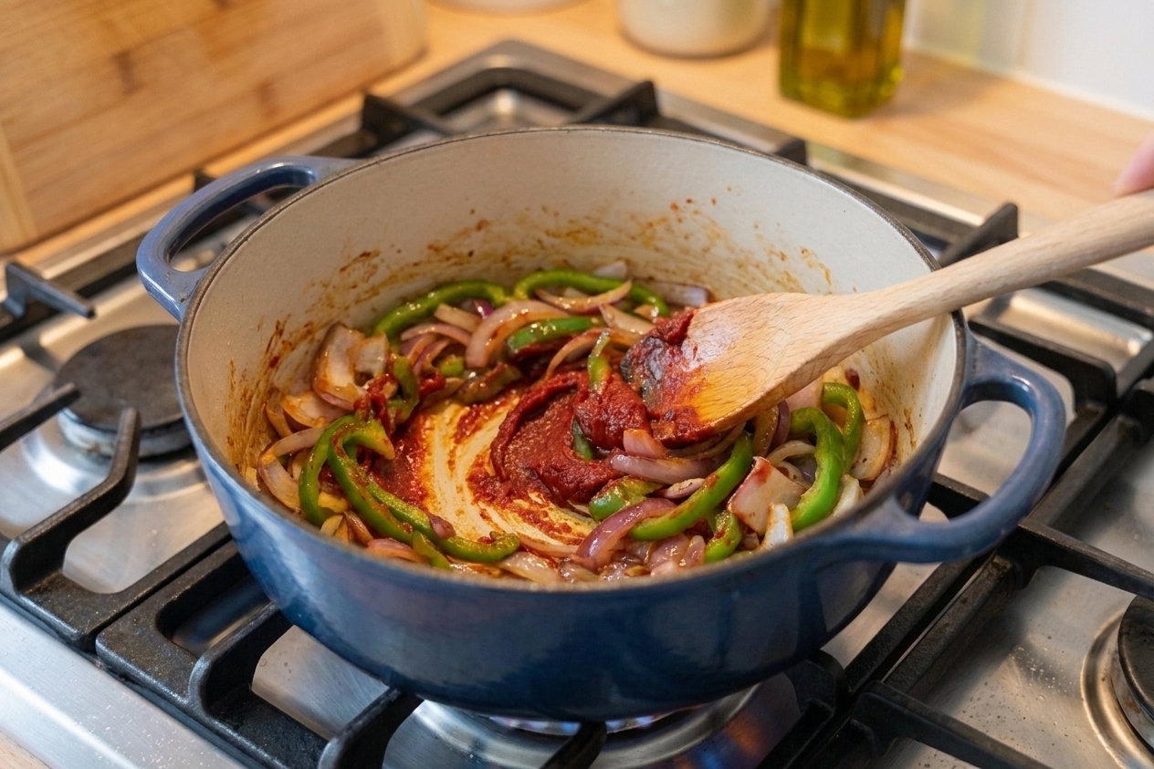 Tomato paste being stirred into sautéed onions and bell peppers in a Dutch oven