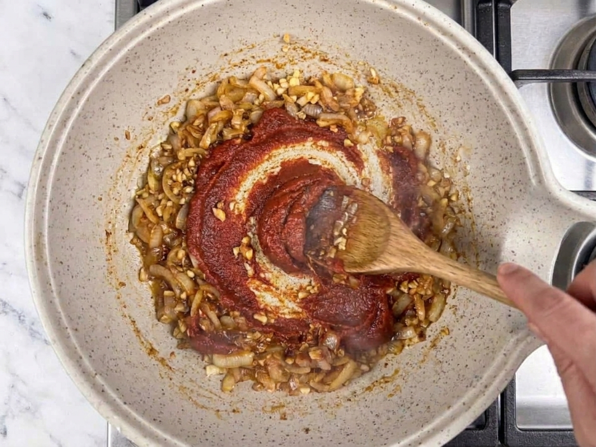 Tomato paste being stirred into sautéed onions and garlic in a Dutch oven, creating a brick-red coating on the vegetables
