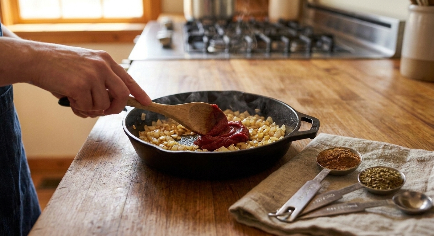 Tomato paste being stirred into sautéed onions and garlic in a skillet on a stovetop