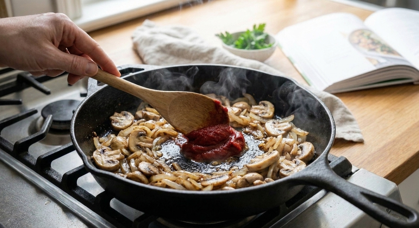Tomato paste being stirred into sautéed onions and mushrooms in a skillet with a wooden spoon