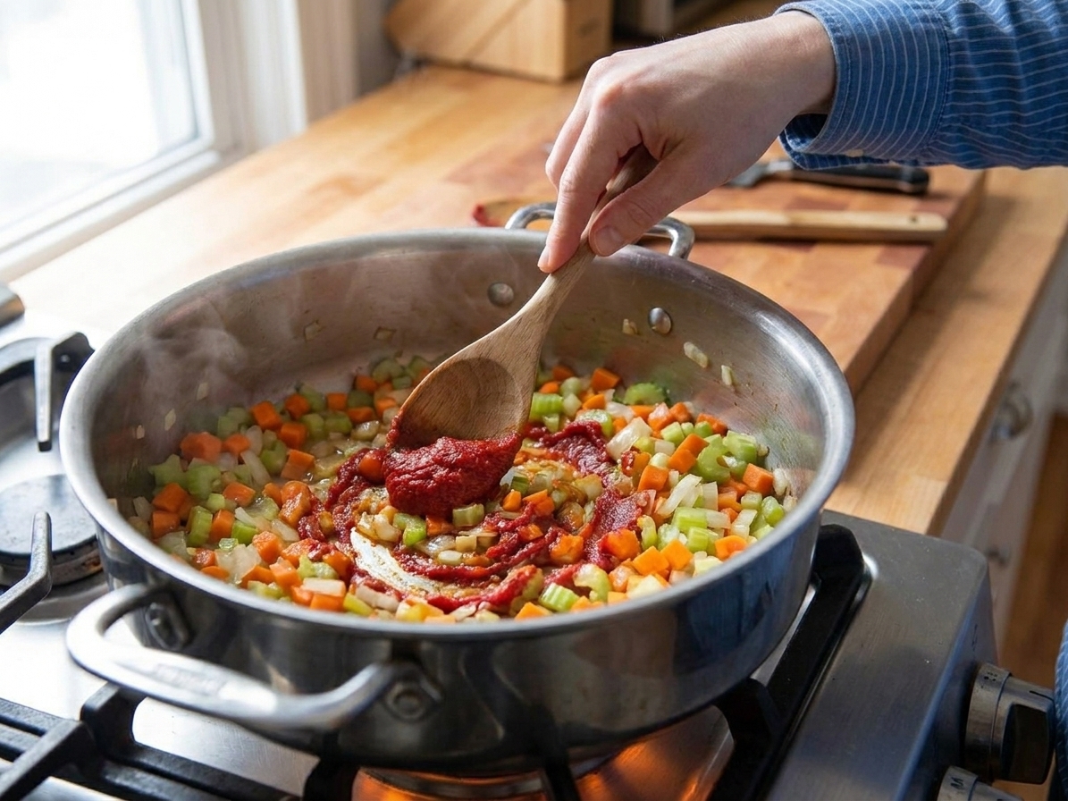 Tomato paste being stirred into sautéed onions, carrots, and celery in a large pot on the stove