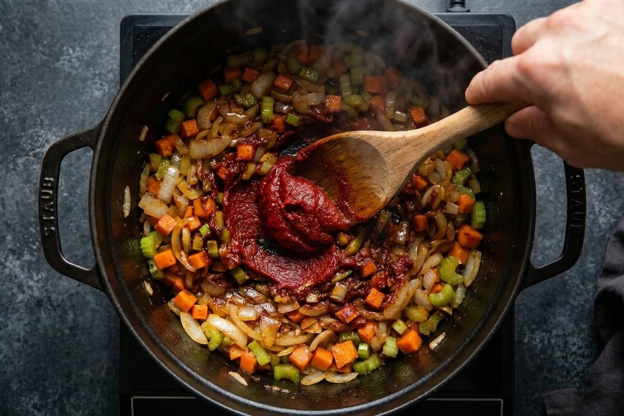 Tomato paste being stirred into sautéed onions, carrots, and celery in a Dutch oven, close-up on a wooden spoon
