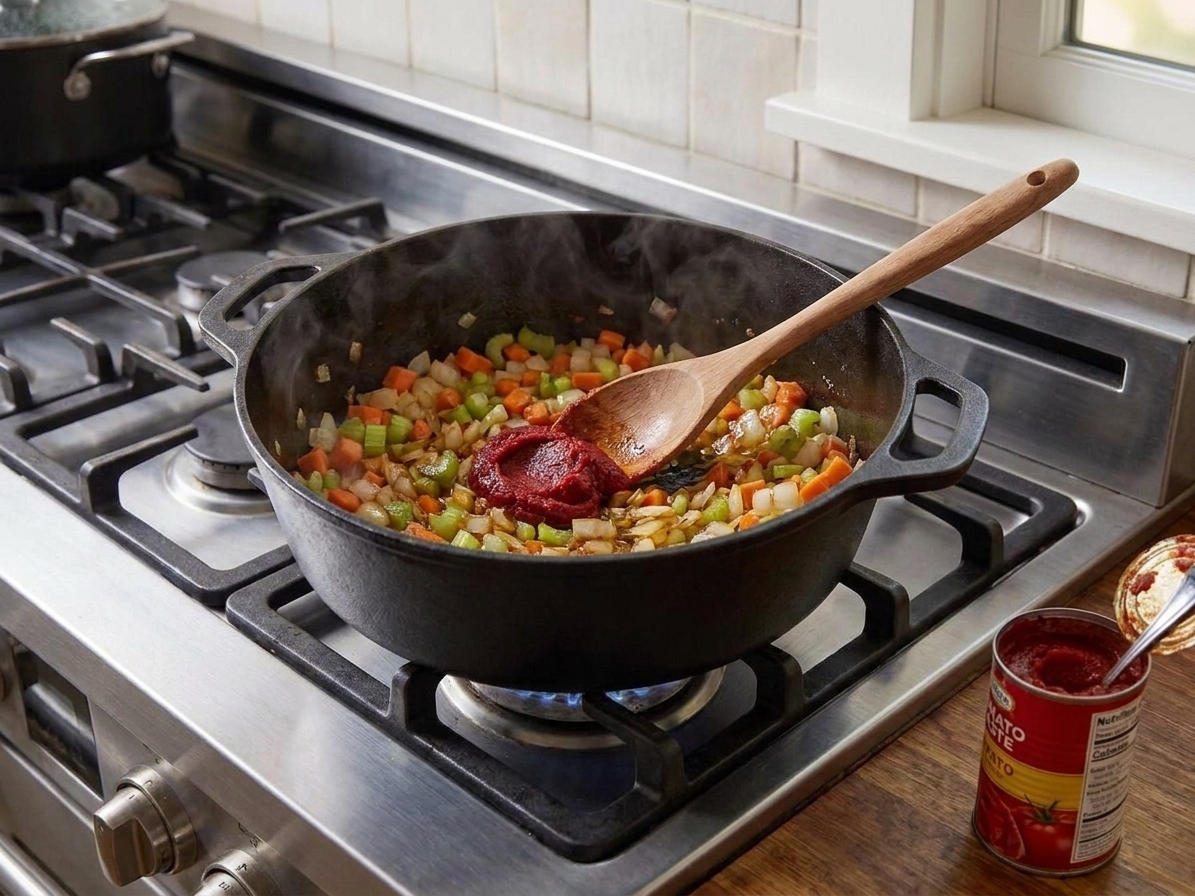 Tomato paste being stirred into sautéed onions, celery, and carrots in a Dutch oven on a stovetop