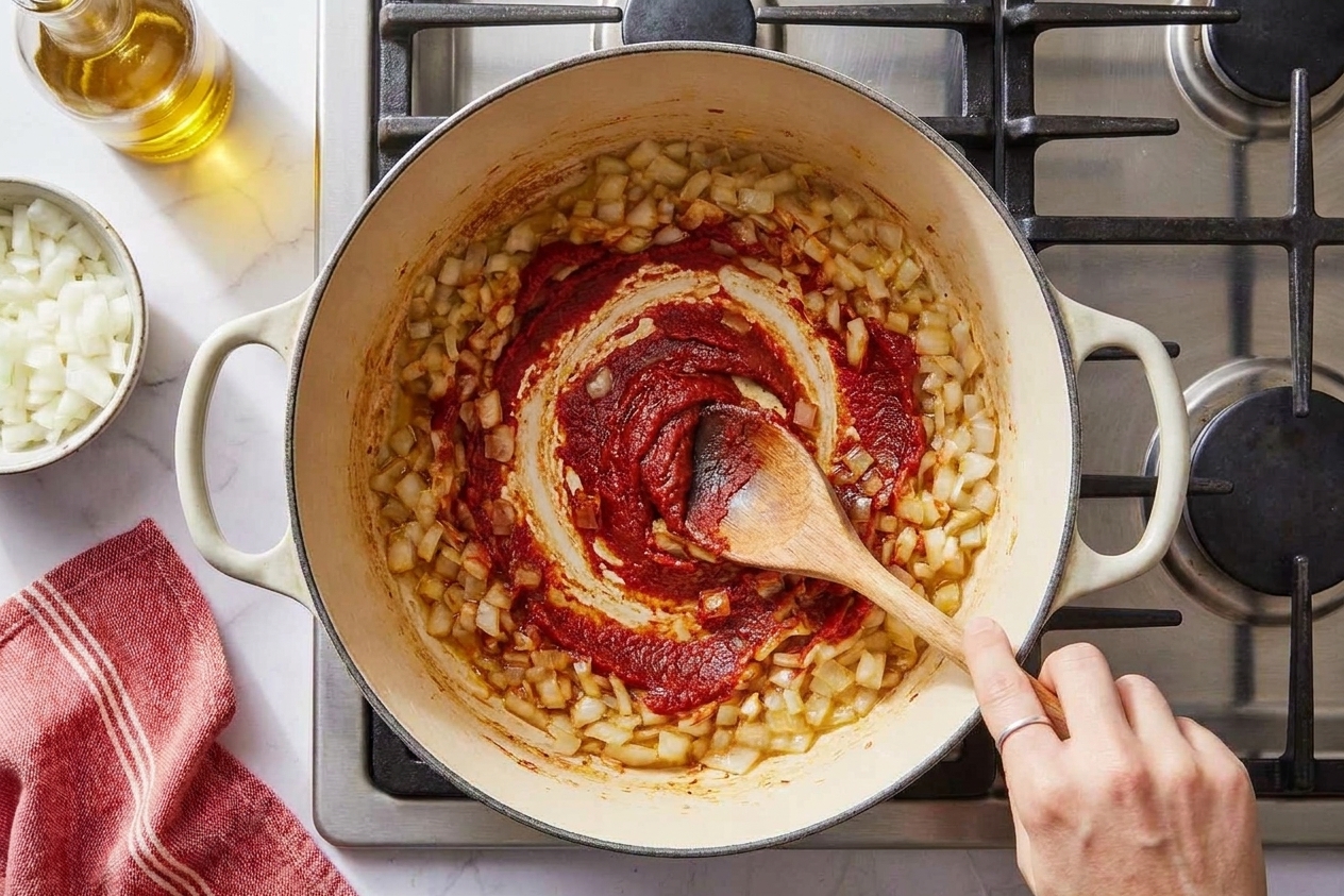 Tomato paste being stirred into sautéed onions in a saucepan as it darkens slightly