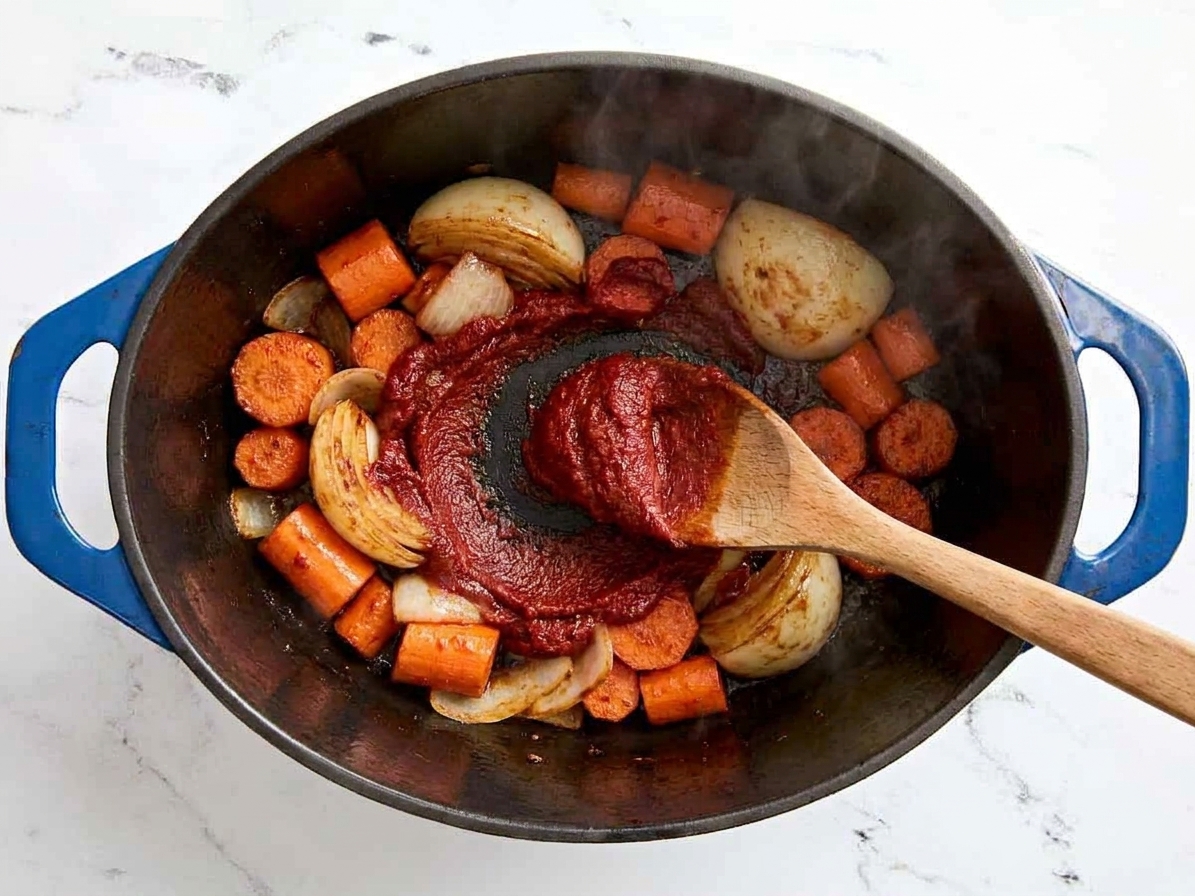 Tomato paste being stirred into sautéed vegetables in a pot, creating a deep red coating on the bottom