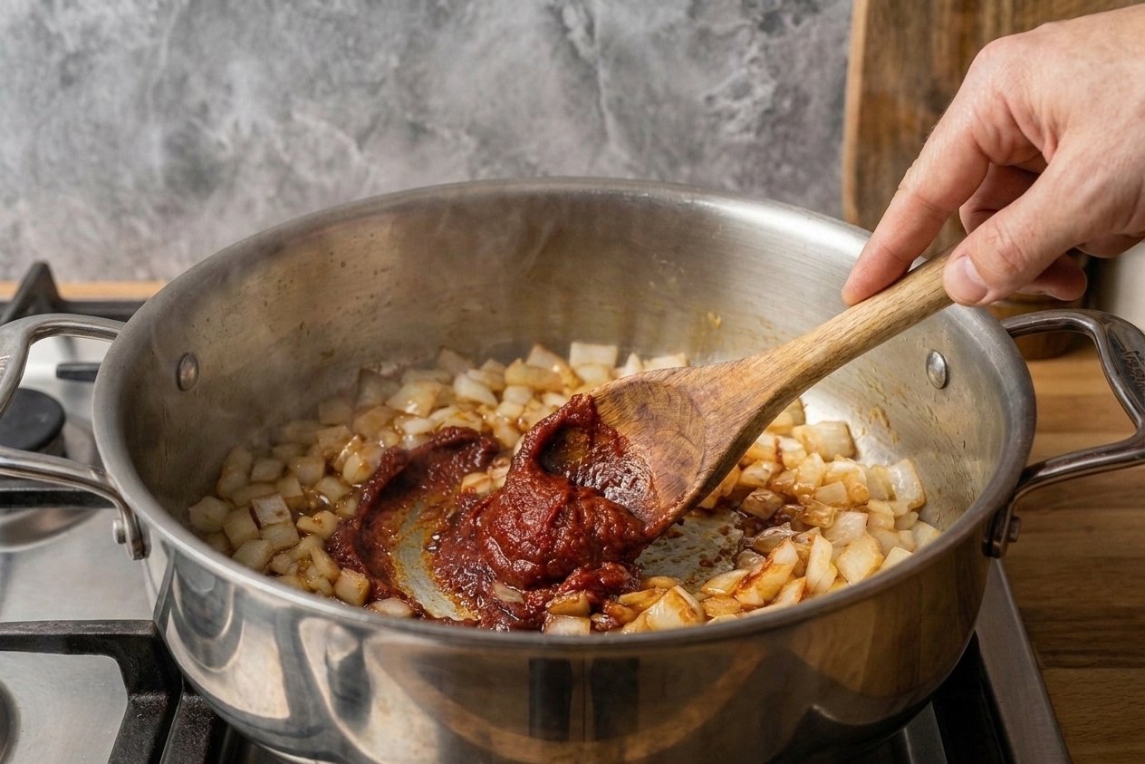 Tomato paste being stirred into softened onions and garlic in a pot, beginning to darken as it cooks