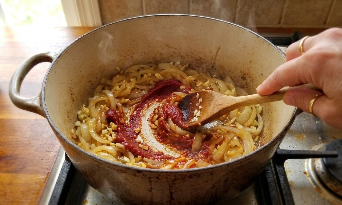 Tomato paste being stirred into softened onions and aromatics in a pot on the stove