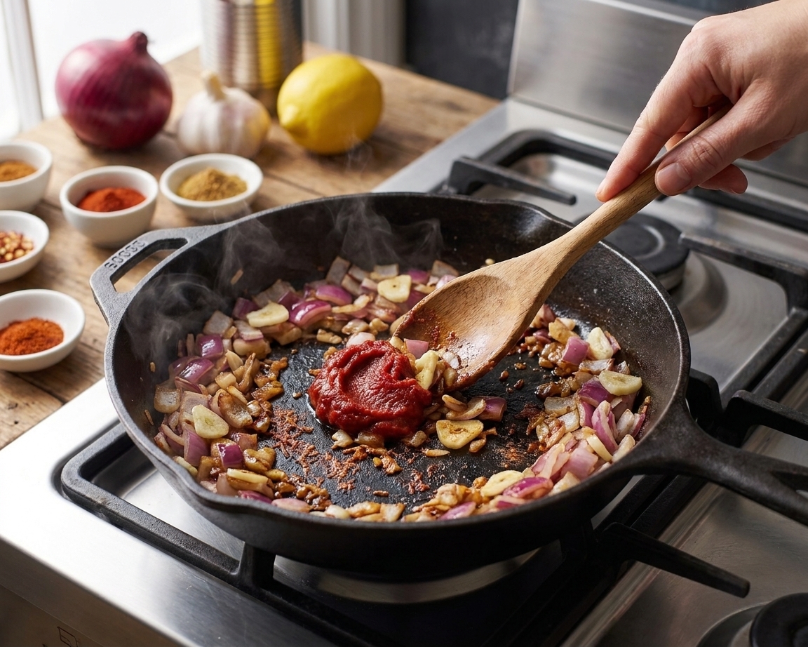 Tomato paste being stirred with onions and garlic in a skillet on a home stove, showing browned bits forming on the pan surface