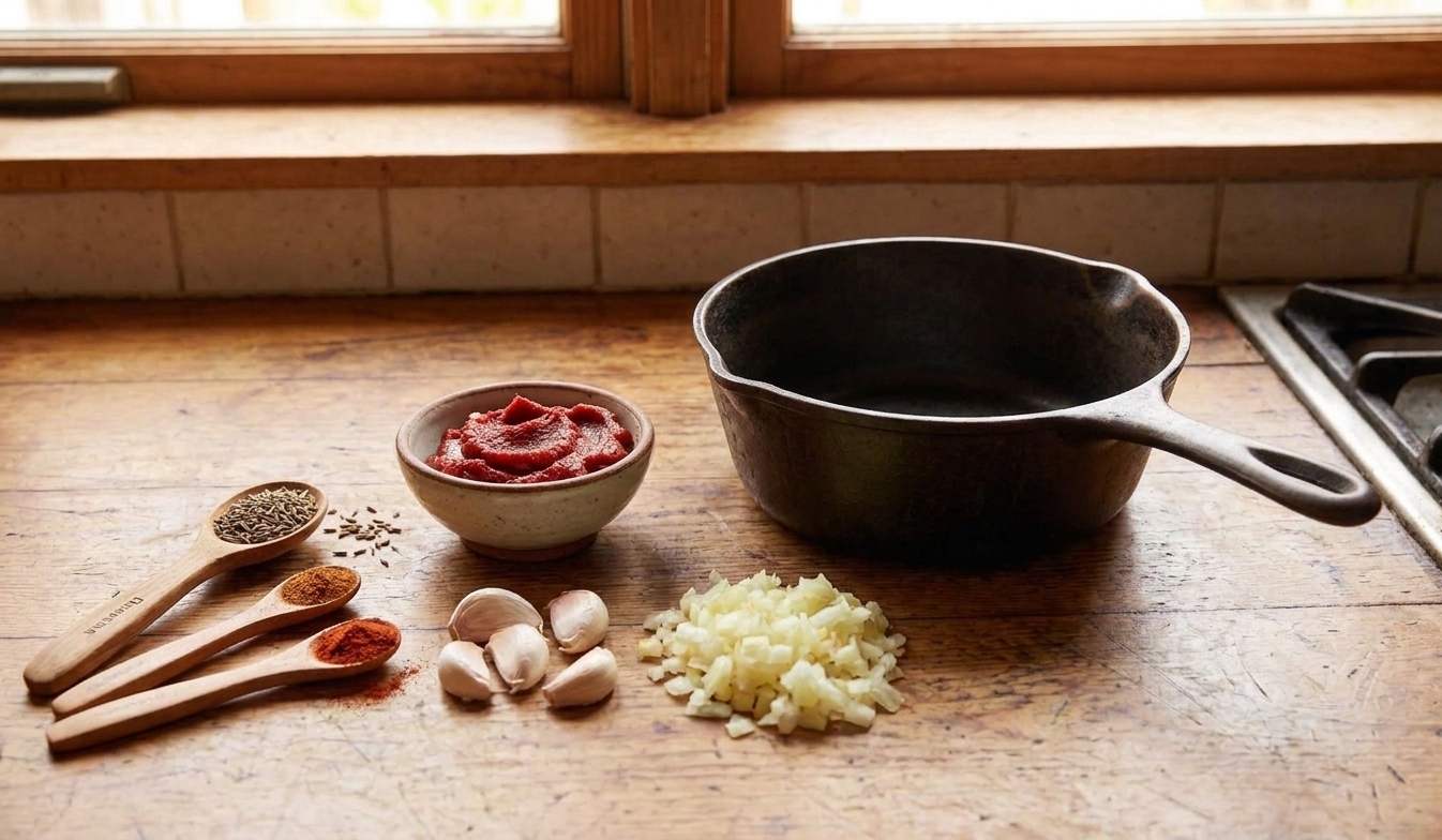 Tomato paste, peeled garlic cloves, chopped onion, and measured spices arranged on a kitchen counter next to a saucepan