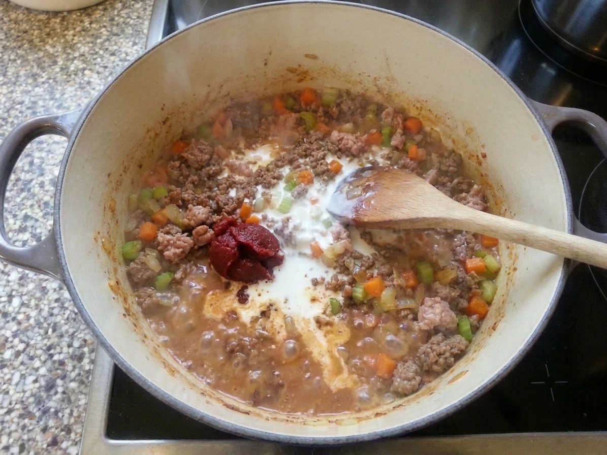 Tomato paste stirred into browned meat, then milk added and simmered until mostly absorbed
