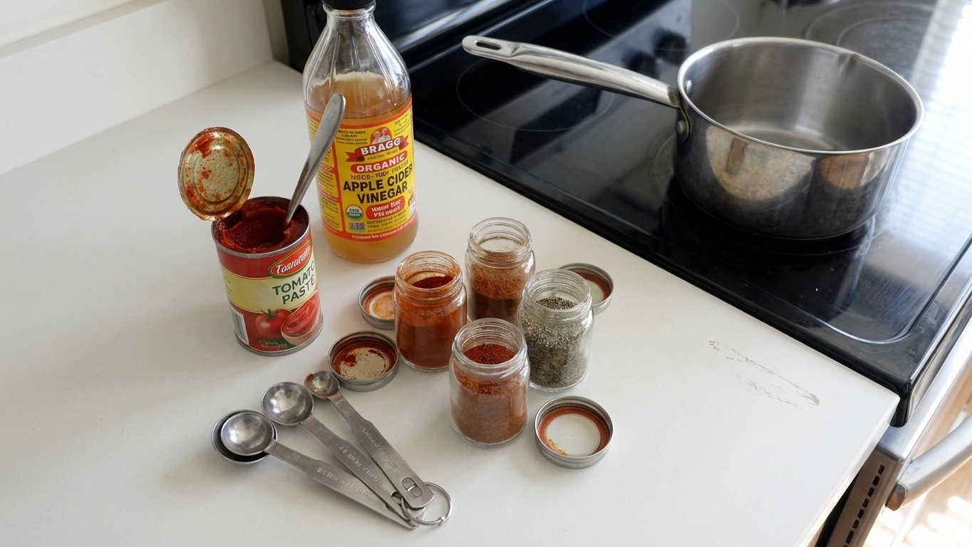 Tomato paste, vinegar, spices, and measuring spoons next to a small saucepan on a stovetop
