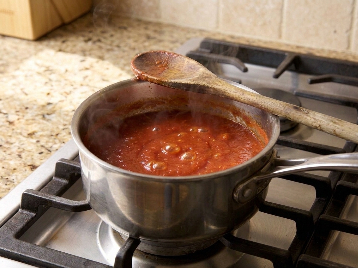 Tomato pizza sauce simmering in a small saucepan on the stove with a wooden spoon resting on the rim